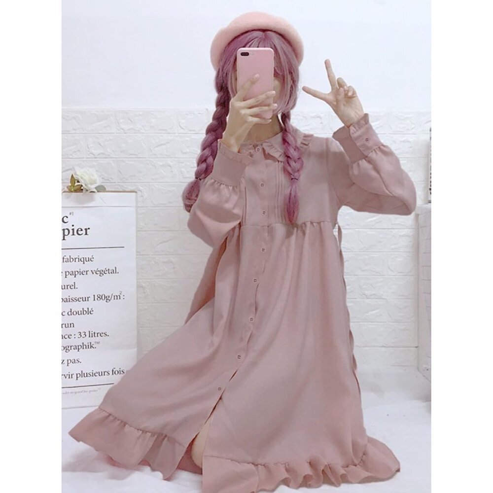 Japanese Lolita Dress Women Girls Kawaii Chiffon Long Sleeve Midi Dress - Picture 5 of 7